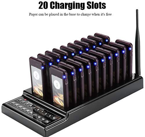 20 Channels Guest Paging System -107dBm High Sensitivity Wireless Queue Calling System 3 Indication Modes with 20pcs Coaster Pagers and 1pc Call Button Keypad Transmitter for Restaurant Clinic Church - Thumbnail 2