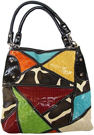 Black Trim, Giraffe Print, Multicolor, Patchwork, Handbag, Animal Print, Expandable, (Black Trim- Multi)
