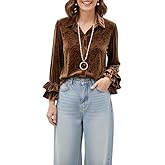ACWUMU Velvet Shirts for Women Vintage Ruffle Sleeve Lapel Dressy Casual Floral Graphic Blouse Tops