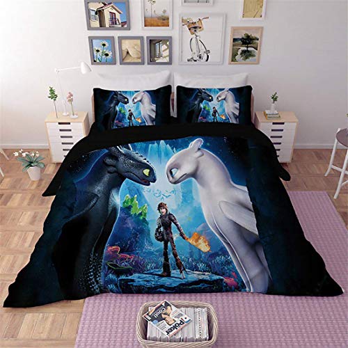 EVDAY How to Train Your Dragon Kids Bedding for Boys 3D Cartoon Super Soft Microfiber 3 Piece Bed Cover Set Including 1Duvet Cover,2 Pillowcases King Queen Full Twin Size