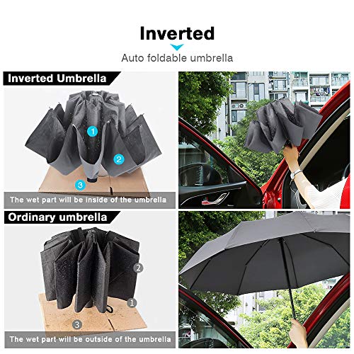 Bodyguard Inverted Windproof Umbrella with Teflon Coating, 10 Ribs Auto Open and Close Travel Umbrella, Portable Reverse Umbrellas with Leather Cover