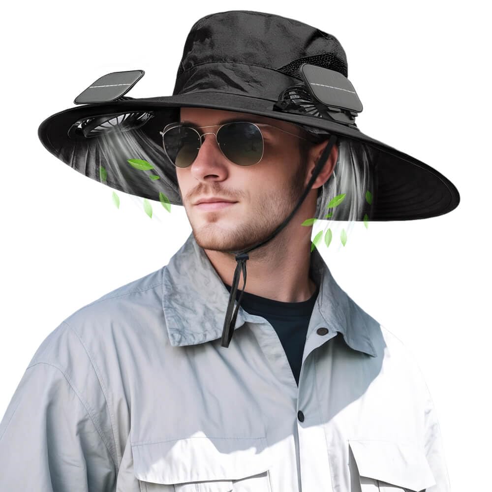 Photo 1 of Solar Powered Fan Hat for Men Women Wide Brim Hat with 2 Fans UPF 50+ Outdoor Fishing Beach Sun Hat Black