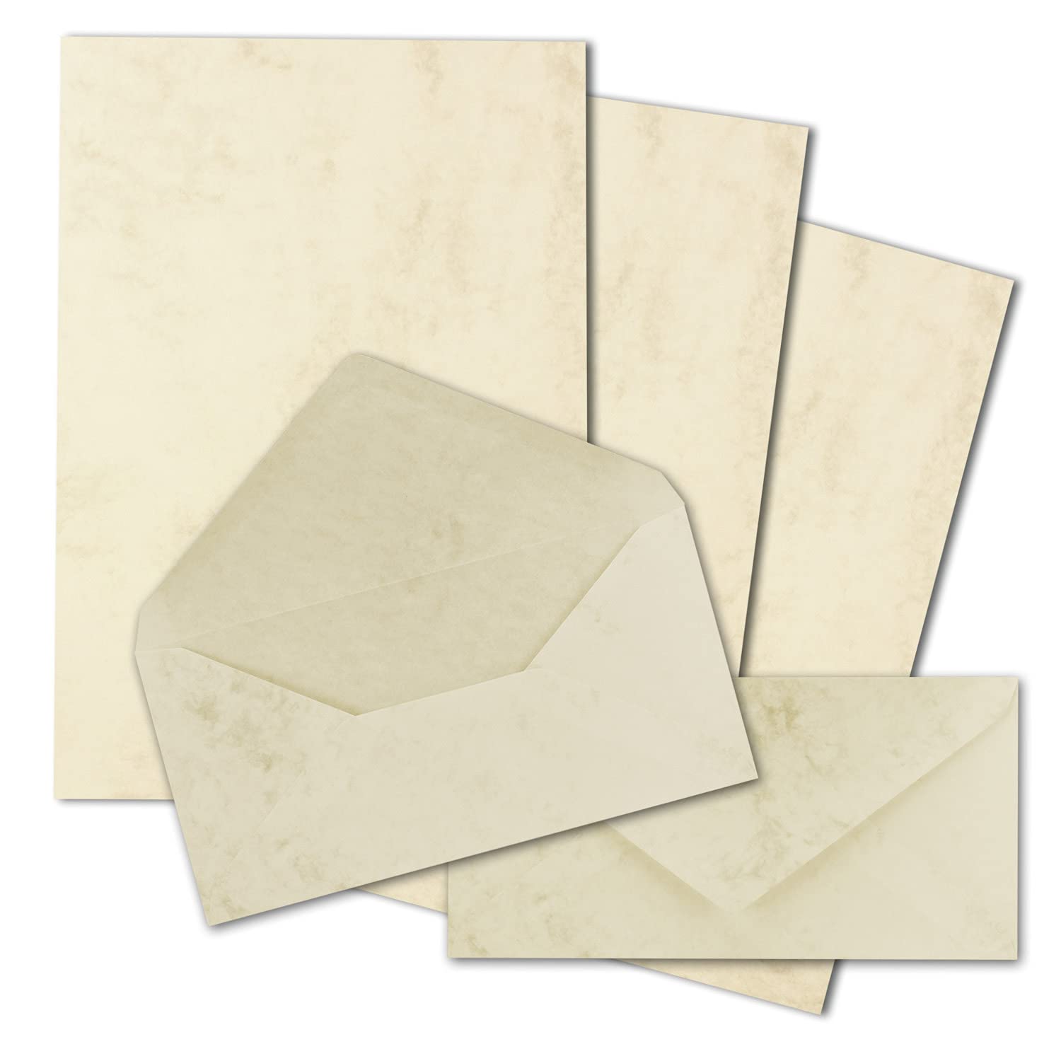 FarbenFroh by Gustav Neuser 50 x A4 Writing Paper Sets with DIN Long Envelopes, Wet Seal, Chamois Marbled (Cream), Matte Writing Paper with Envelopes