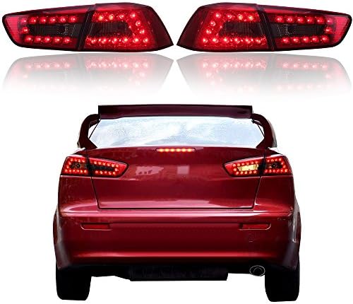 OLANMUS Red Smoke LED Tail Lights for 2008-2016 MItsubishi Lancer Evo Rear Brake Lamp Pair Set