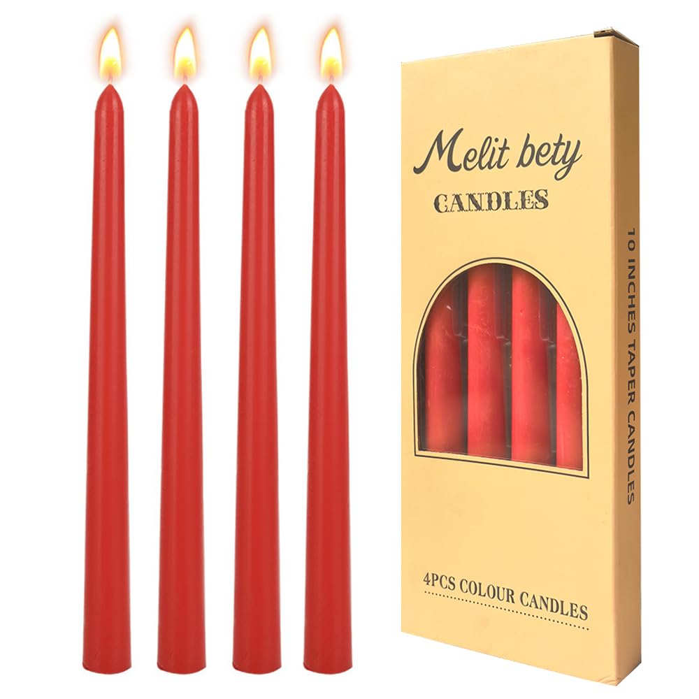 Photo 1 of 10-Inch Red Taper Candles Set of 4 - Hand-Poured Colored Tall Candles, Smokeless & Odorless, Drip-Free, 7-8 Hour Burn Time, Perfect for Dates, Dinners, Christmas, Birthdays & Kids Parties (Red)