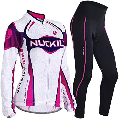 NUCKILY Women's Long Sleeve Padded Pants Cycling Jersry Suit Bicycle Clothing Set with 4 Pockets