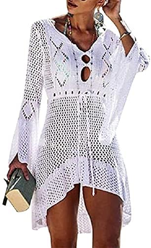 Bikini Cover Up Hollow Out Beachwear V Neck Loose Knit Beach Dress V Neck Crochet Bikini Swim Bathing Suit Cover Up Bell Sleeve Swimsuit Coverups