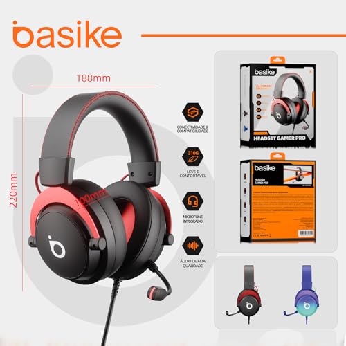 Basike Fone de ouvido jogos para PC - Headset Gamer Pro Ba-FON340 com Microfone, Modo FPS/Música, com som surround 7.1, Falante de 50mm, USB Compatível com Win7/10/11/MAC/PS4/PS5 (Preto)