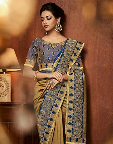 DesiButik's Party Wear Lovely Golden Satin Silk Saree - Thumbnail 3