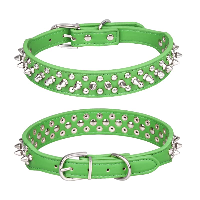 haoyueer Spiked Studded Dog Collar, Adjustable Pu Leather Puppy Collar for Small Medium Dogs Bulldog Pitbull Mastiff Poodle Boxer (M, Green-2)