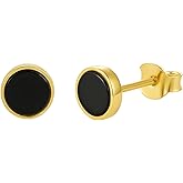 ZHOU LIU FU Stud Earrings Black and Gold Plated Onyx Small Sterling Silver Statement Earrings Hypoallergenic Round Onyx Studs for Men Women 6/8/10/12mm