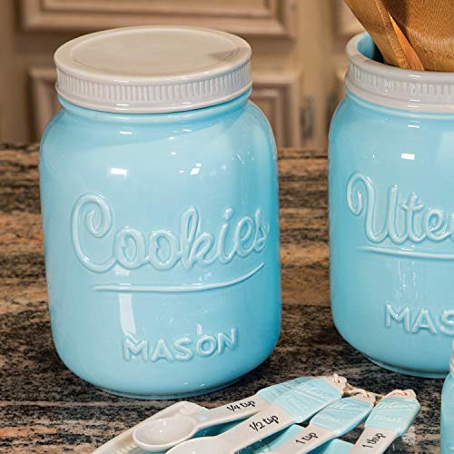 Mason Cookie Jar With Lid - Large Airtight Ceramic Kitchen Canister - Vintage Farmhouse Storage Jars with Lids - Rustic Decorative Air Tight Container For Cookies, Cracker, and Other Snacks (Blue)