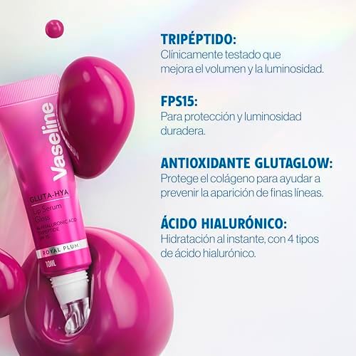 Sérum Labial Gluta-Hya Royal Plum 10ml. Con ácido hialurónico, tripéptido, tecnología Glutaglow y SPF15. Color, volumen y protección. Hidratación al instante y acabado gloss no pegajoso.