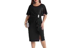 Hanna Nikole Womens Plus Size Chiffon Cape Sleeve Ruffle Ruched Cocktail Party Pencil Dress for Wedding Guest