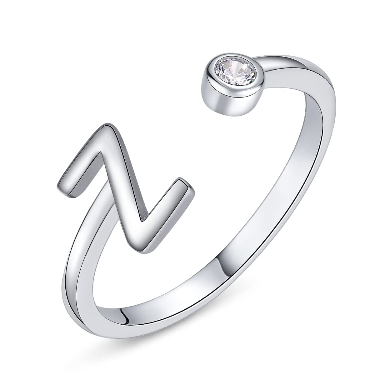PEARLOVE Women's Girls Letter Ring, 925 Sterling Silver, Adjustable Open Initial Rings for Women, Stackable Alphabet Rings from A to Z, Sterling silver, Cubic Zirconia