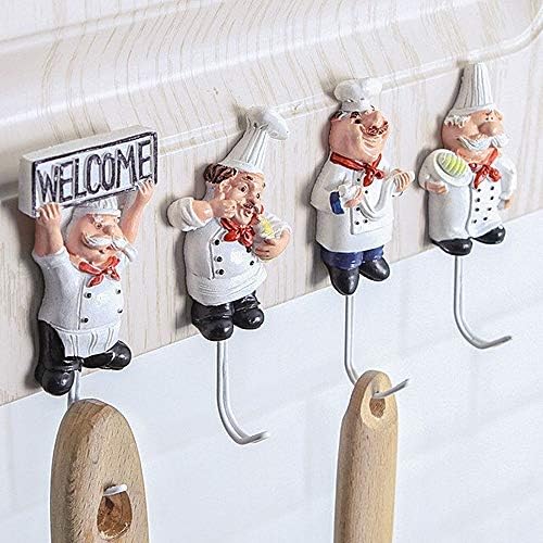 Wewin Kitchen Cartoon Chef Style Resin Power Cord Wall Hooks for Hanging Clothes Coat Hat Towel Adhesive Seamless Paste Storage Holder (Set of 4)