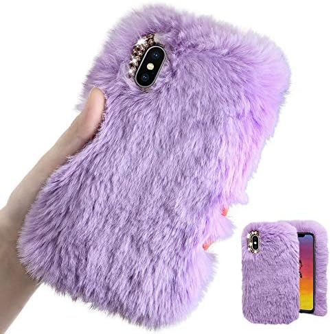 For iPhone XS Max Case [with HD Screen Protector],MOIKY Cute Warm Winter Fluffy Furry Plush Soft Flexible Silicon TPU Case with Bowknot Diamond for iPhone XS Max,Purple