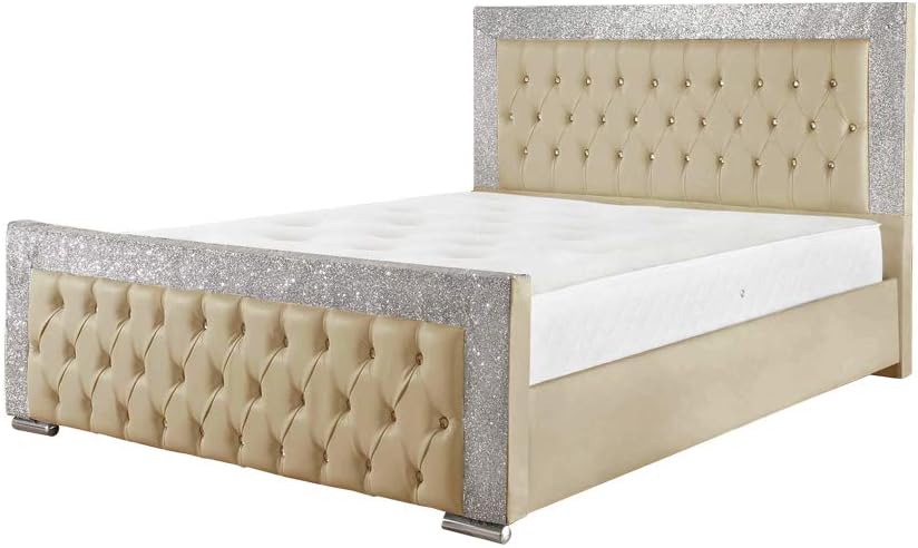 OWO Living New Valencia Crushed Velvet Fabric & Faux Leather Glitter Bed Frame in 4 Sizes Exclusive (King, Champagne Gold Crushed Velvet)