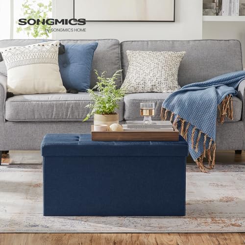 SONGMICS Banco de Almacenamiento, Puff Almacenaje de 76 cm, Baúl de Almacenaje, Taburete Reposapiés, Azul Oscuro MLSF47IN