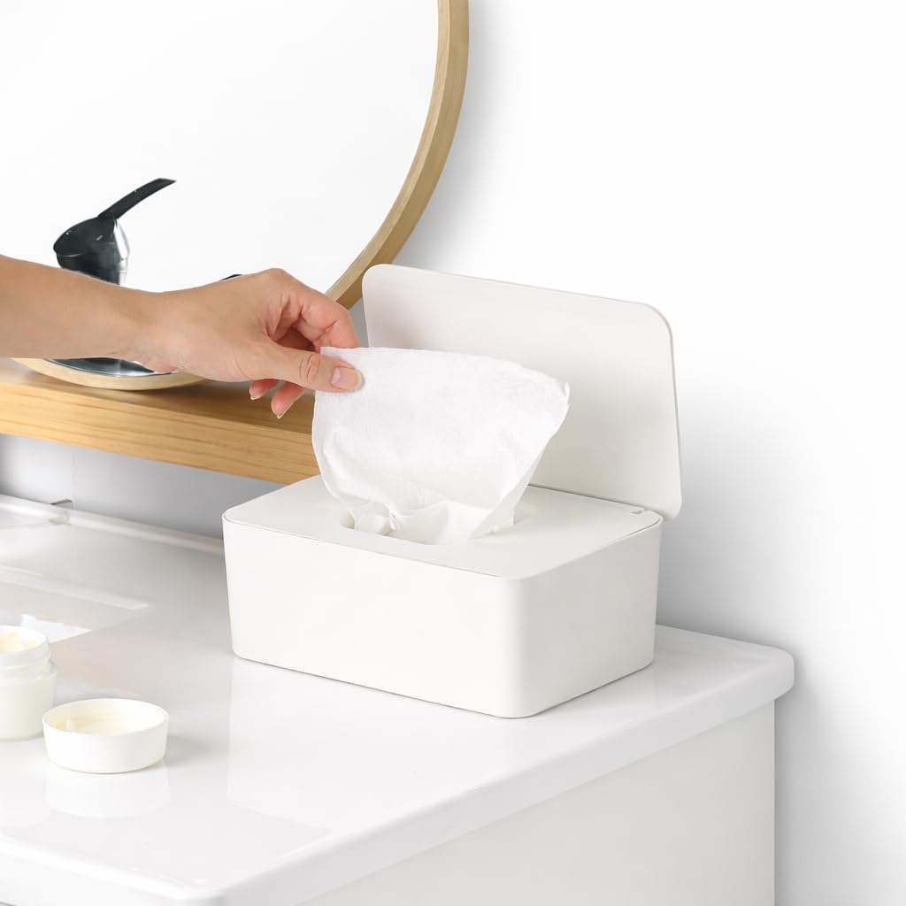 Wet Wipes Dispenser Tissue Box Holder with Lid Dustproof Baby Nappy Wet Tissue Box Cover Toilet Wipes Storage Container Keep Wipes Fresh & Safe Napkin Holder Case for Home, Car or Office Desk (White)
