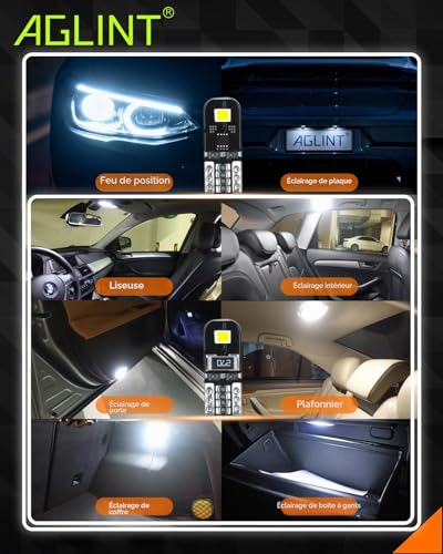 AGLINT T10 LED Bulbs Canbus Error Free 12V White No Polarity Designed W5W 194 501 168 Wedge Car Interior Dome Light Door Side Trunk Ceiling License Plate 10Pcs