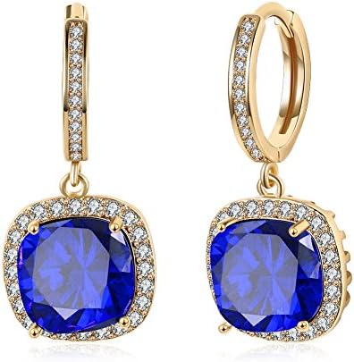 Lynlon Blue Cubic Zirconia Halo Drop Earrings for Women Girl Champaign Gold