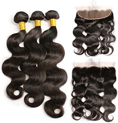 JK Brazilian Virgin Human Hair 3 Bundles with Frontal Closure Unprocessed 100% Body Wave Remy Human Hair Bundles with 13X4 Free Part Full Lace Frontal Closure Bleached Knots(18 20 22 With 16 Frontal)