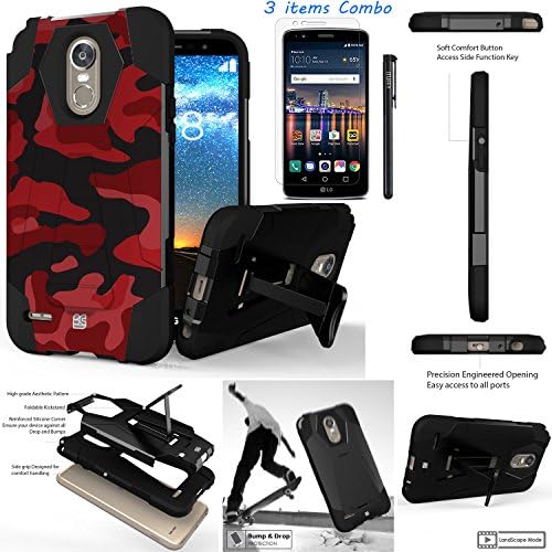 For LG Stylo 3 LG Stylo 3 Plus 2017 LS777 MP450 M430 L83BL /ITUFFY 3items: LCD Film+Stylus Pen+[Dual Layer] [Impact Resistance] [KickStand] Hybrid Armor Case (Red Camouflage)