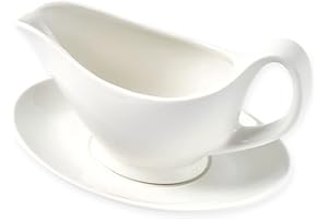 Dinnerlit Gravy Boat with Saucer - 16oz Fine Porcelain Sauce & Salad Dressing Boat (White)