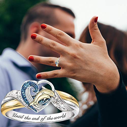 Fashion Dolphin/Flowers Ring Animal Jewelry Ring Promise Real Love Heart Bands Ring Matching Ring Bridal Wedding Engagement Bands Rings for Lovers Bridal Gifts Size 6-10