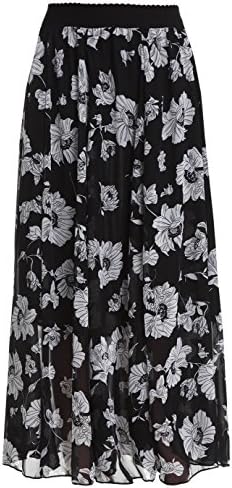 Begirlly Casual High Waisted Boho Chiffon Pleated Floral Long Maxi Skirt