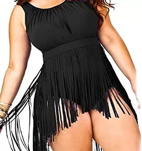MeiPin Women's Plus Size One Piece Retro Tassels Bikini Swimsuit Swimwear (XXL, black)