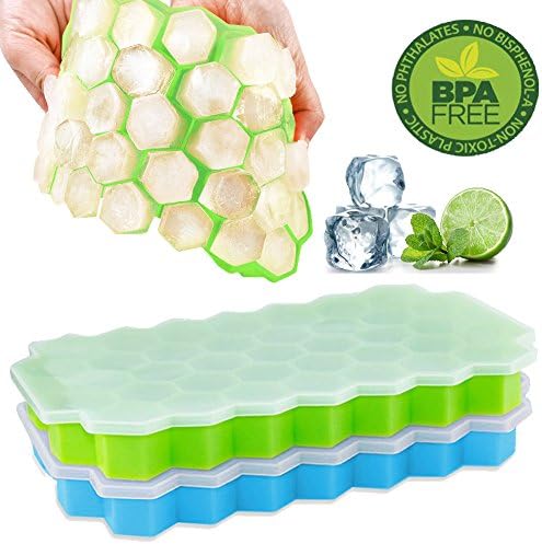 GTSLL Ice Cube Trays, 2 Pack Easy-Release 37 Cubes Silicone Ice Molds with Lid Stackable and Durable Ice Cube Container Food Grade Silica Gel BPA Free(Green/Blue)