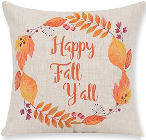 Pumpkin Maple Leaf Wreath Happy Fall Vintage Letters Happy Thanksgiving Halloween New Home Room Sofa Car Decorative Cotton Linen Throw Pillow Case Cushion Cover Square 18 X 18 Inches