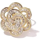 Gold Rose Flower Statement Cocktail Ring for Women Sparkly Rhinestones Crystal Floral Blooming Open Wrap Adjustable Finger Band Rings Stacking Comfort Fit Wedding Engagement Promise Fashion Jewelry