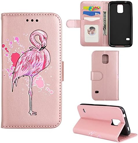 Aipyy Galaxy S5 Case,S5 Cases,[Card Slots] Wallet Folio Style PU Leather Glitter Powder Flamingo Emboss Flip Case Kickstand Cover &amp; Magnetic Closure for Samsung Galaxy S5 I9600 [Rose Gold]