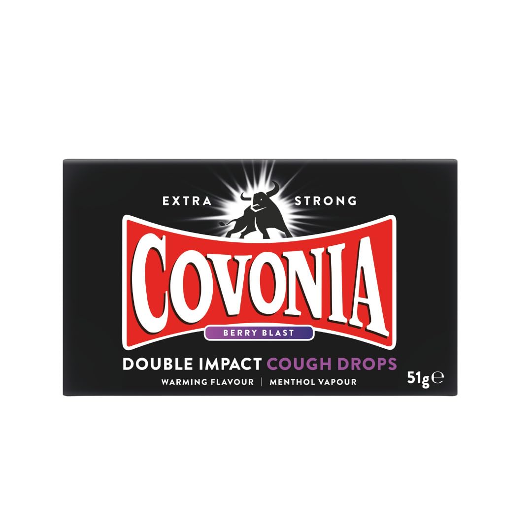 Covonia Double Impact Cough Drops Berry Blast , Powerful Menthol Vapours , Suitable for Vegetarians , Alcohol Free Cough Drops , 51g