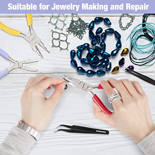 WORKPRO 5 Pieces Jewelry Pliers, Jewelry Tools Includes 6 IN 1 Wire Loop Pliers, Nylon Nose Pliers, Bent Nose Pliers for Jewelry Making, Pointed Tweezers, Curved Tweezers, with Storage Bag