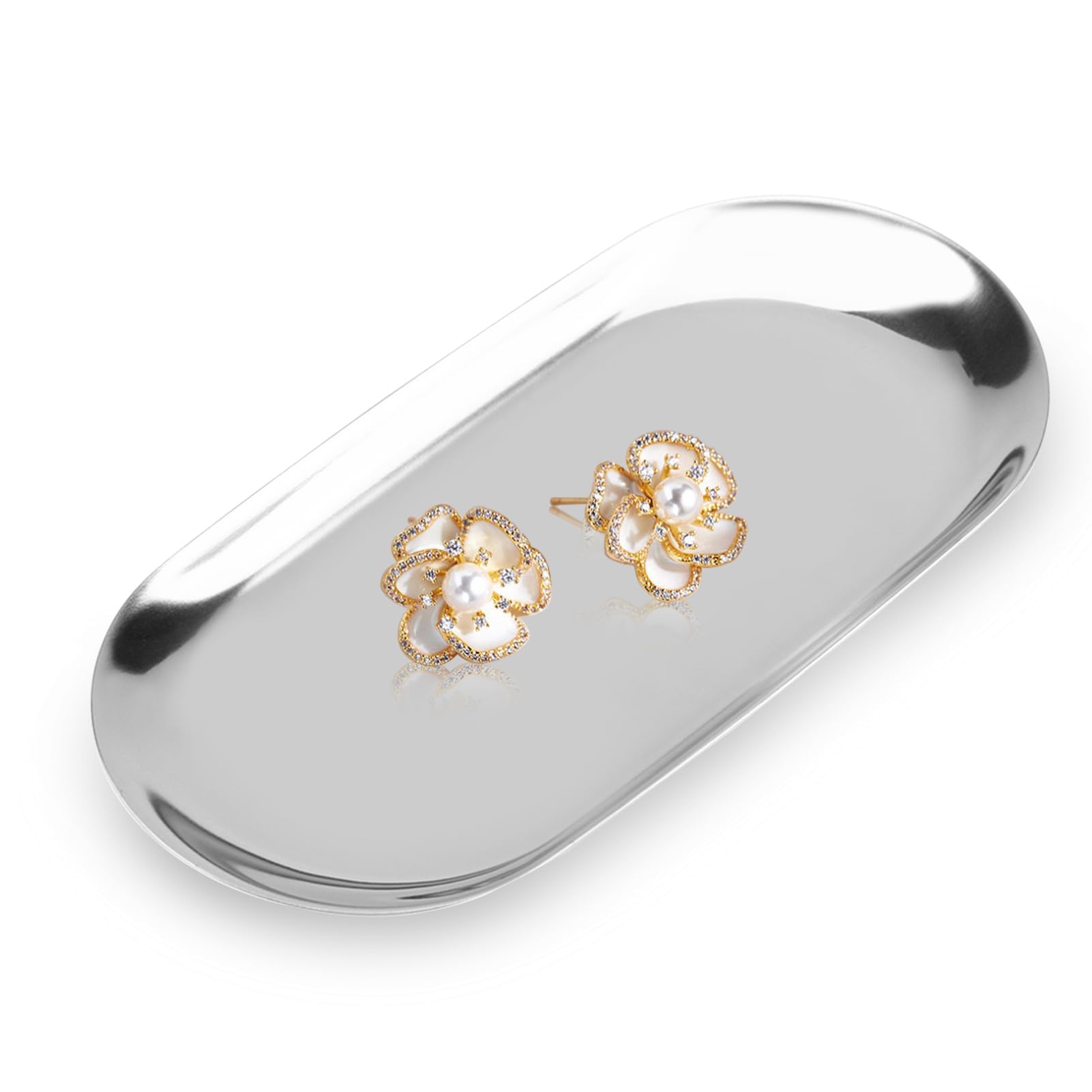 Silver Oval Stainless Steel Trinket Tray,Serving Bathroom Tray,Oval Towel Cosmetics Jewelry Organizer Fruit Cake Plate Silver Snack Tea Key Candle Plates,7.1x3.2inch