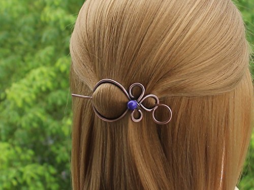 Simple Celtic Hair Clip with Blue Bead,Hair Pin Small Hair Slide Fork Stick,Copper Jewelry,Women Accessories