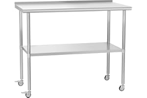 HOCCOT Stainless Steel Prep & Work Table with Adjustable Shelf, with Backsplash and Wheels, Kitchen Island, Commercial Workstations, Utility Table in Kitchen Garage Laundry Room Outdoor BBQ, 24" X 48"