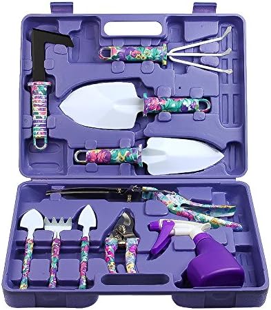 Garden Tools Set | 11 Pieces Gardening Tools with Purple Floral Print | Ergonomic Handle Shovel Spade Rake Harrow Trowel Pruner Shears Sprayer | Hand Tool with Carrying Case Gardening Gifts for Women