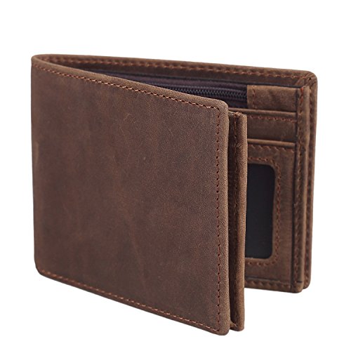 Polare Men's RFID Blocking Cowboy Genuine Natural Crazy Horse Leather Bifold Wallet (Small)