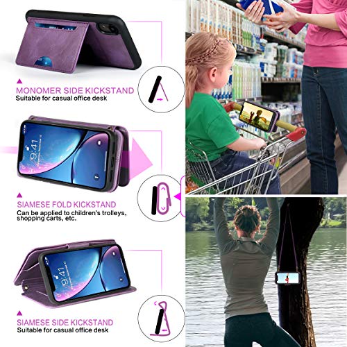 CORNMI iPhone XR Wallet Case, 13 Card Holders Crossbody Wrist Strap Mirror Kickstand Detachable Purse Leather Folio Zipper Pocket Flip Protective Cover