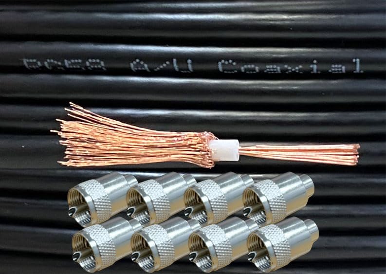 iStrand 50m Copper Black RG58 50 Ohm Stranded Coaxial Cable and 8 x PL259 UHF Male Plug Connectors for CB Radio Ham Aerial