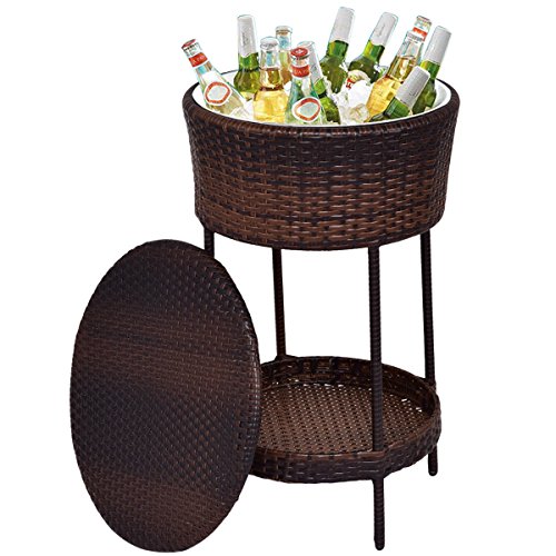 Giantex Outdoor Cooler Ice Bucket Patio Wicker Storage Poolside Deck Beverage Cooler Table with ...