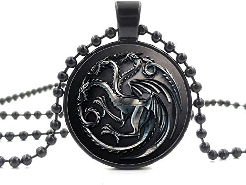 Game of Thrones Inspired Necklace Black Glass Cabochon Targaryen Dragon Charm