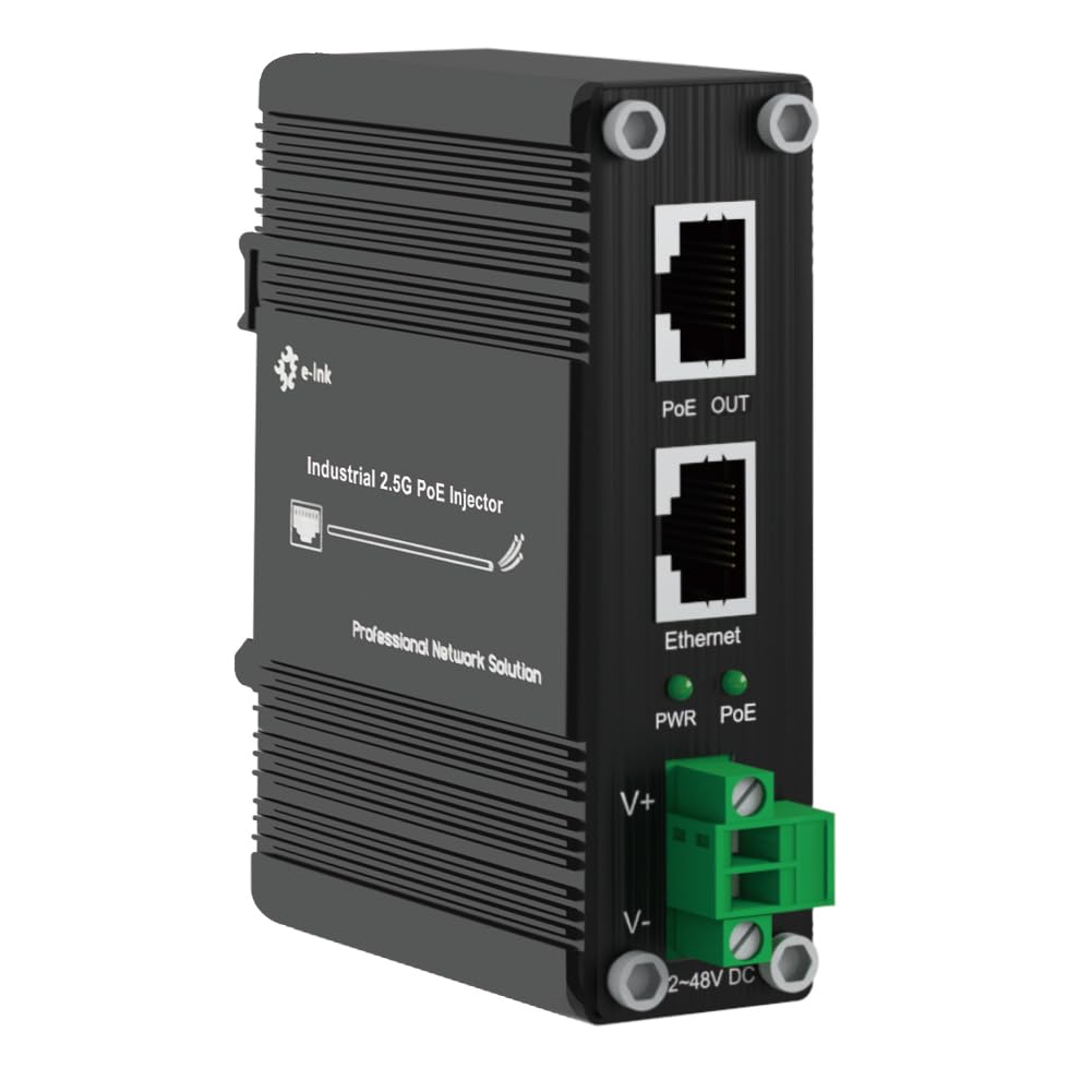 E-link Hardened Industrial Gigabit PoE+ Injector 12-48VDC Input PoE+ IEE802.3 at 30W up to 100 meters Output DIN- Rail, Wall Mount -40°C to 80°C IP40