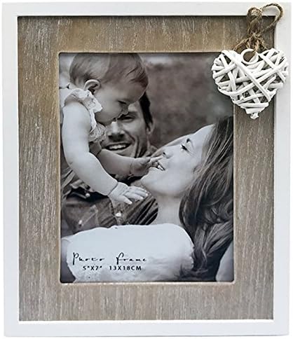 5x7" Distressed Wooden Photo Frame in Natural Wood and Off White With a Heart Detail. Contemporary Love Collection. A Delicate Choice Perfect for a Birthday or Anniversary. Photo Size 5x7