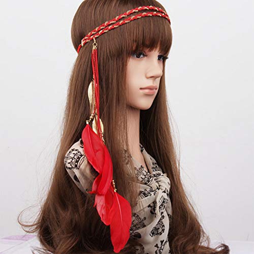 Feather Headband Hippie Indian Boho Hair Bands Tassel Bohemian Halloween Hair Hoop Women Ladies Crown Hairband Party Decoration Headdress Cosplay Costume Headwear Headpiece Hair Accessories Red